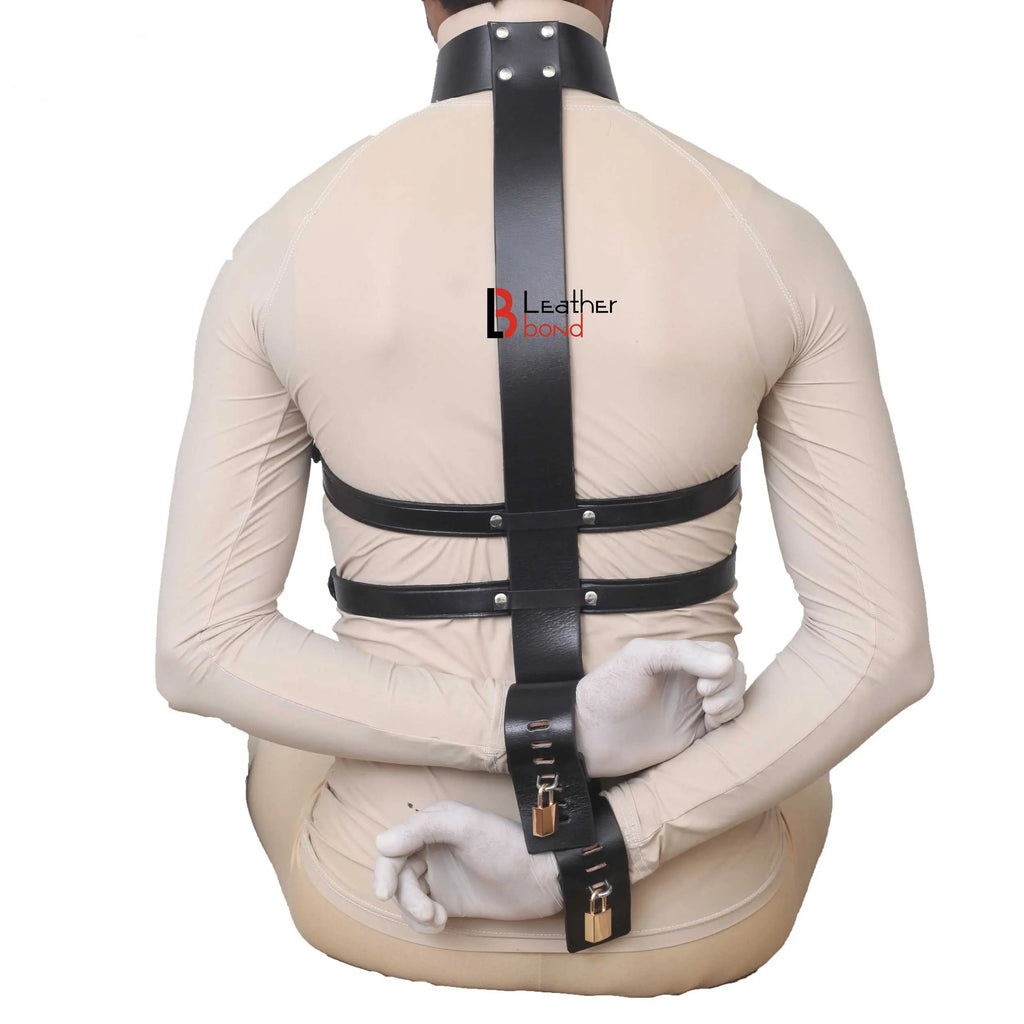 Cowhide Leather Armbinder Locking Collar & Wrist Restraints Back Slave BDSM Restraint Set