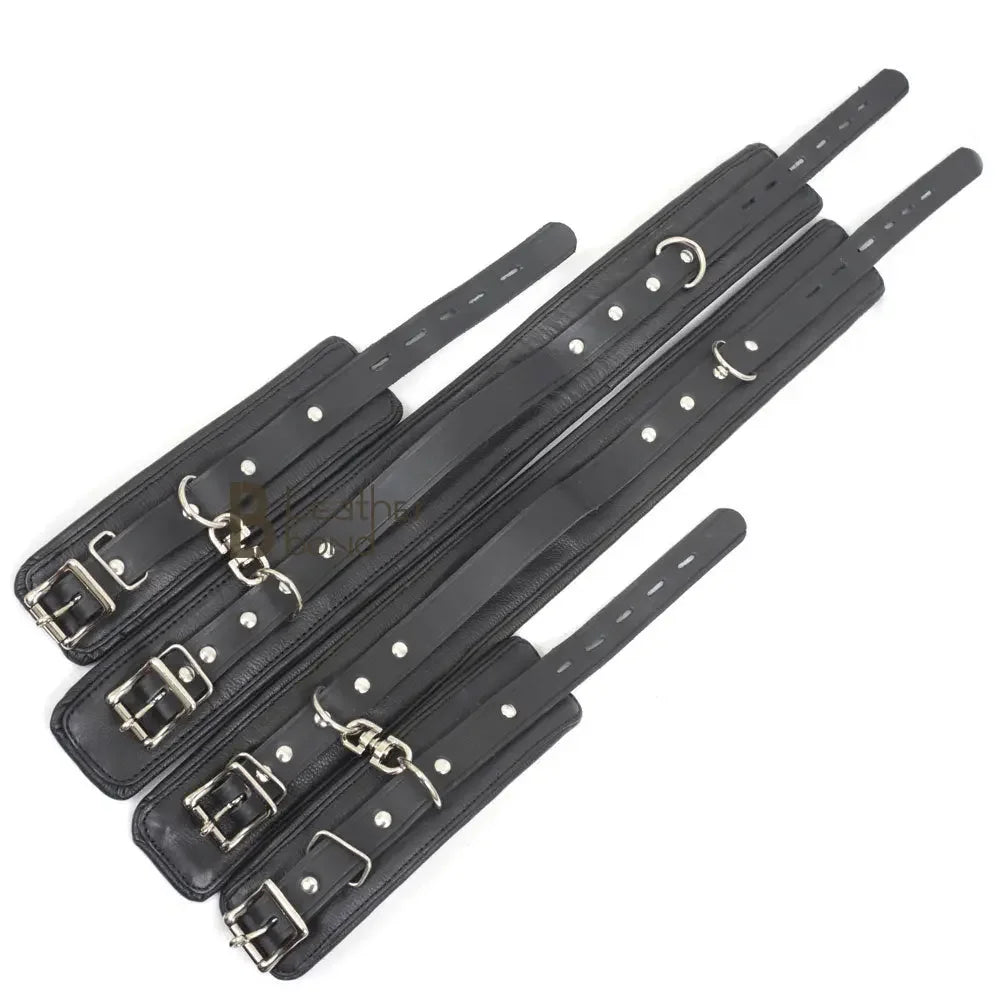 Real Leather 4-Piece Padded Thigh & Wrist Cuffs Lockable Restraint Bondage Set | Full Black