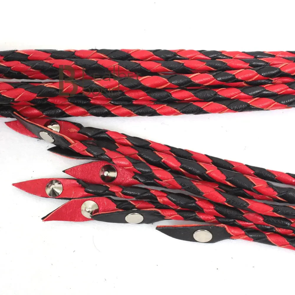 Real Genuine Cowhide Leather Flogger | Red and Black Cat O Nine Braided Falls | Heavy Steel Studs Leather Bond