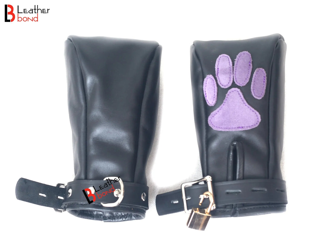 Real Cowhide Leather Fist Mitts Lockable Restraint Bondage Paw Gloves | Black, Red & Purple