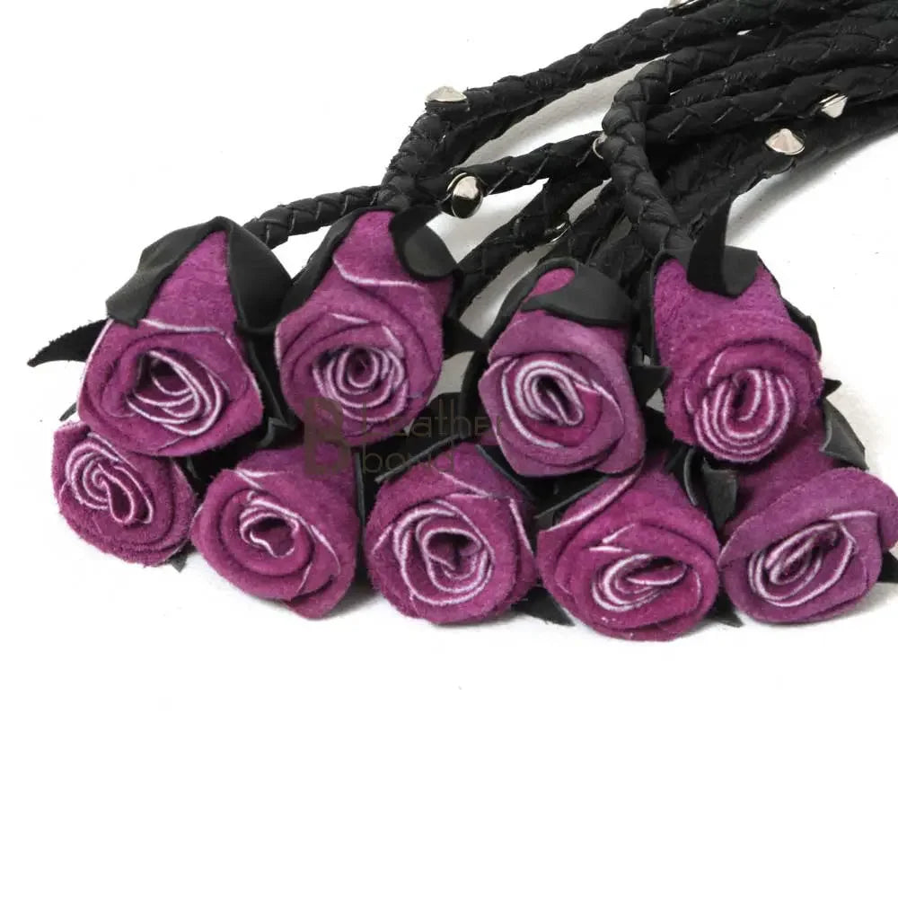 Real Cowhide Leather Cat-o-Nine Tails Flogger 9 Braided Purple Rose Falls with Steel Studs | BDSM Whip