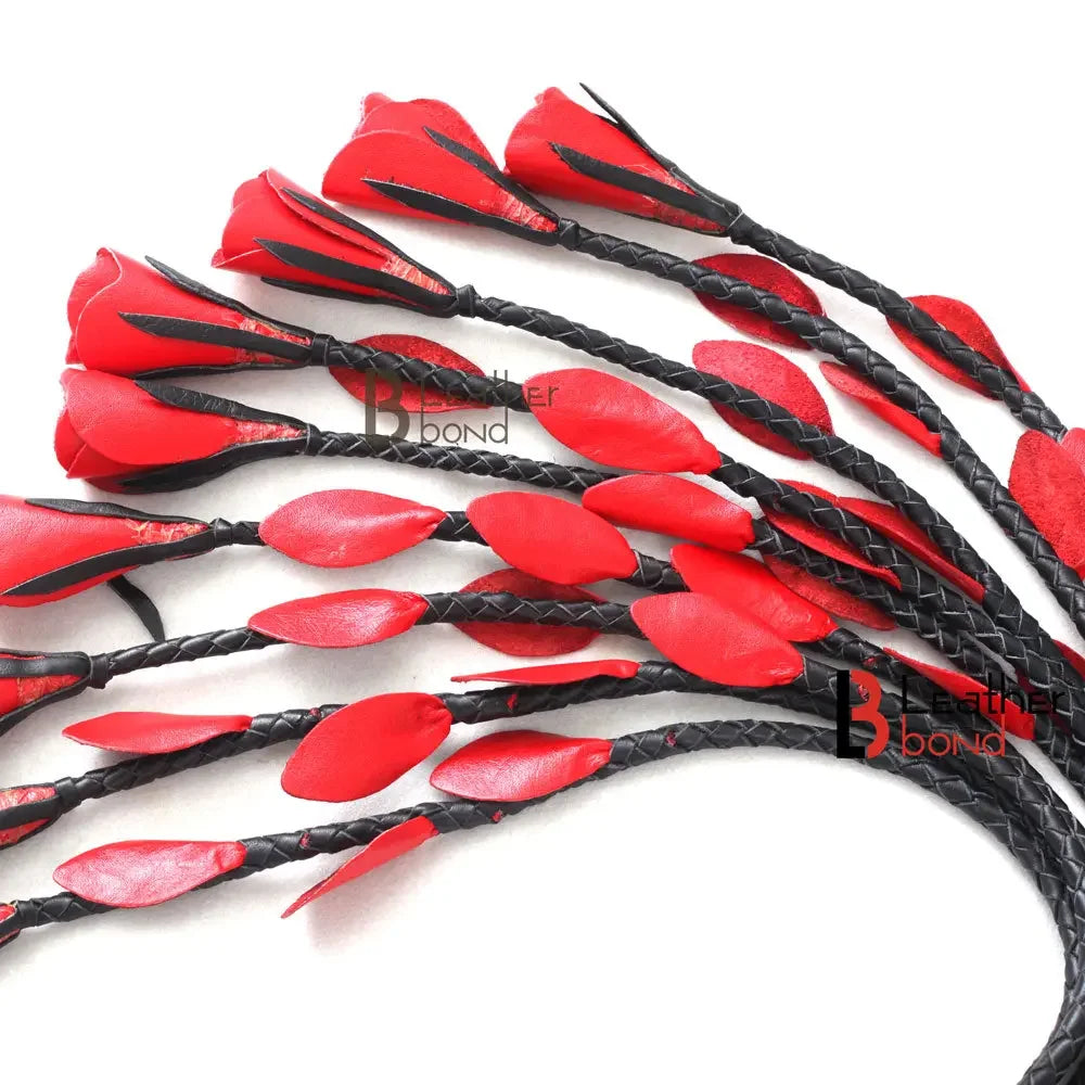 Real Genuine Cowhide Leather Flogger Red Rose Heavy Duty Cat-o-Nine Tails Flogger with 9 Braided Falls