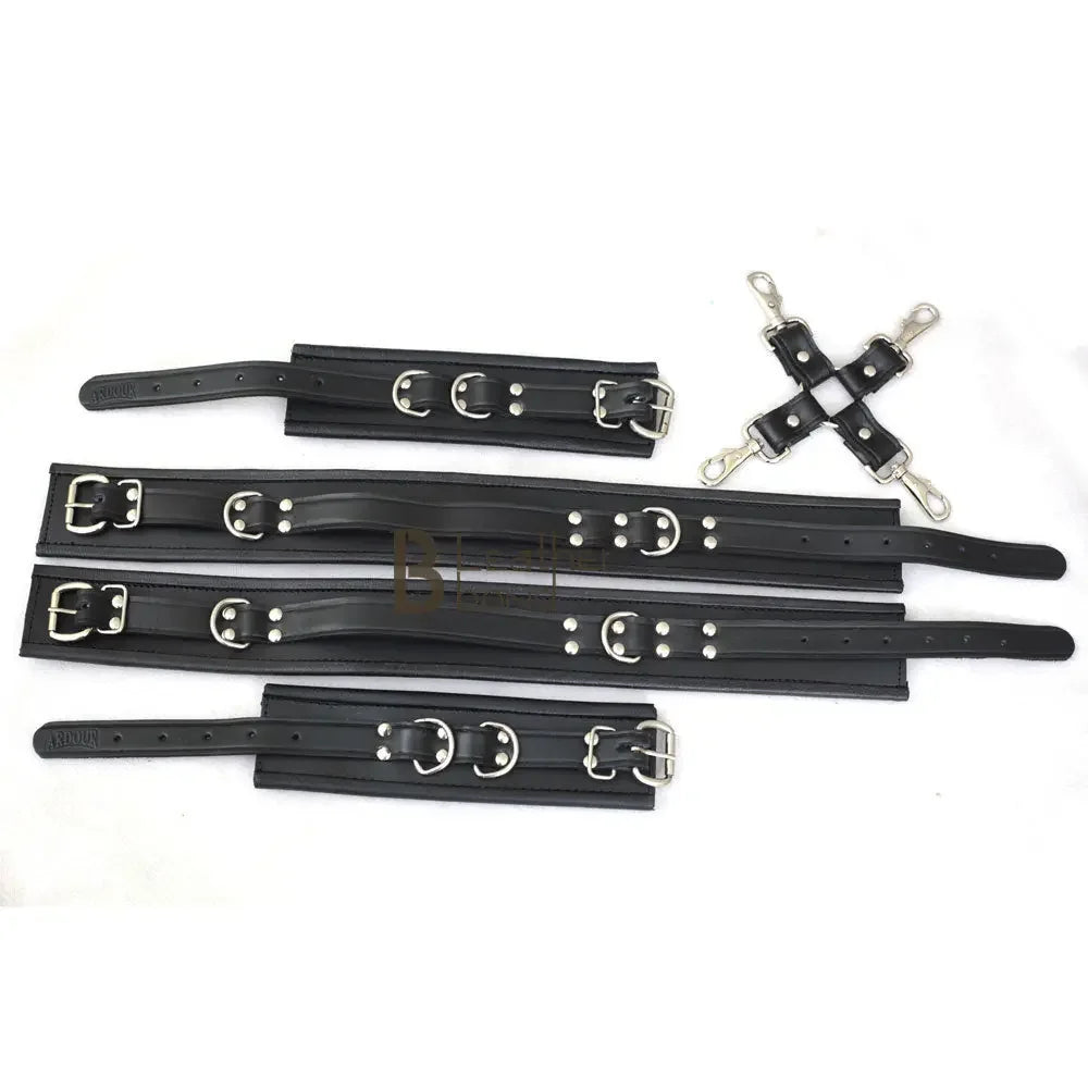 Real Leather 5-Piece Fur-Lined Wrist & Thigh Cuffs Restraint Bondage Set with Hogtie | Black