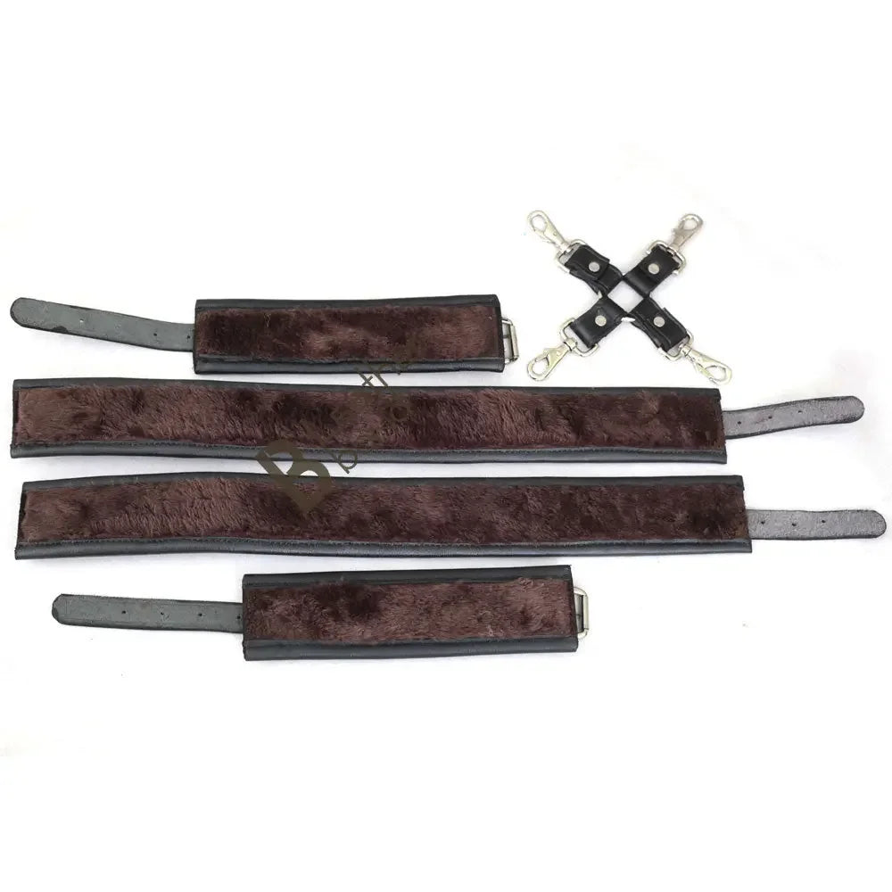 Real Leather 5-Piece Fur-Lined Wrist & Thigh Cuffs Restraint Bondage Set with Hogtie | Black