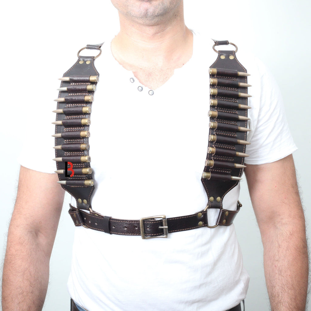 Cowhide Leather Rifle Cartridge Bandolier Belt & Chest Harness Hunting Ammo Carrier