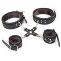 Real Leather 5-Piece Fur-Lined Wrist & Thigh Cuffs Restraint Bondage Set with Hogtie | Black