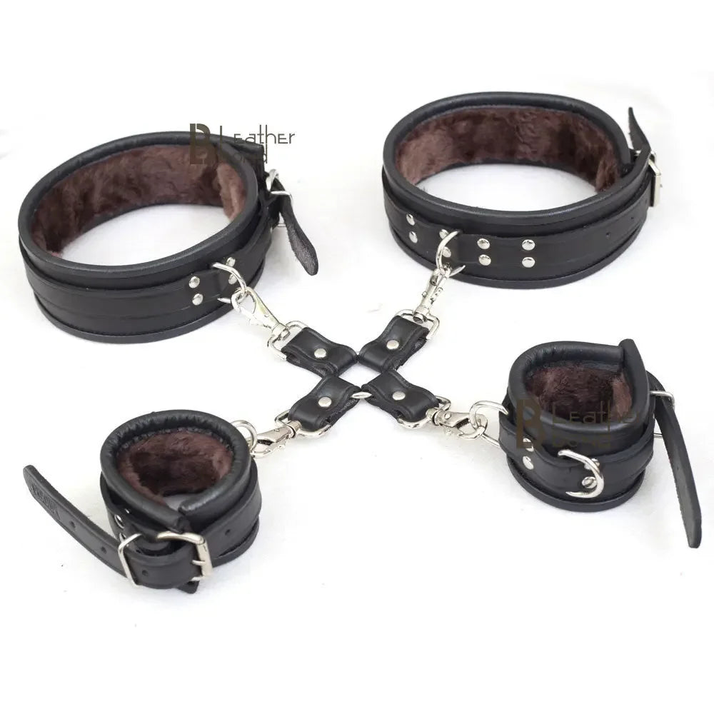 Real Leather 5-Piece Fur-Lined Wrist & Thigh Cuffs Restraint Bondage Set with Hogtie | Black
