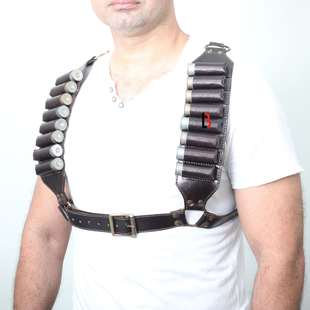 Cowhide Leather Shotshell Bandolier Belt & Shoulder Harness Hunting Ammo Pouch