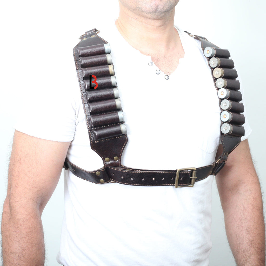 Cowhide Leather Shotshell Bandolier Belt & Shoulder Harness Hunting Ammo Pouch