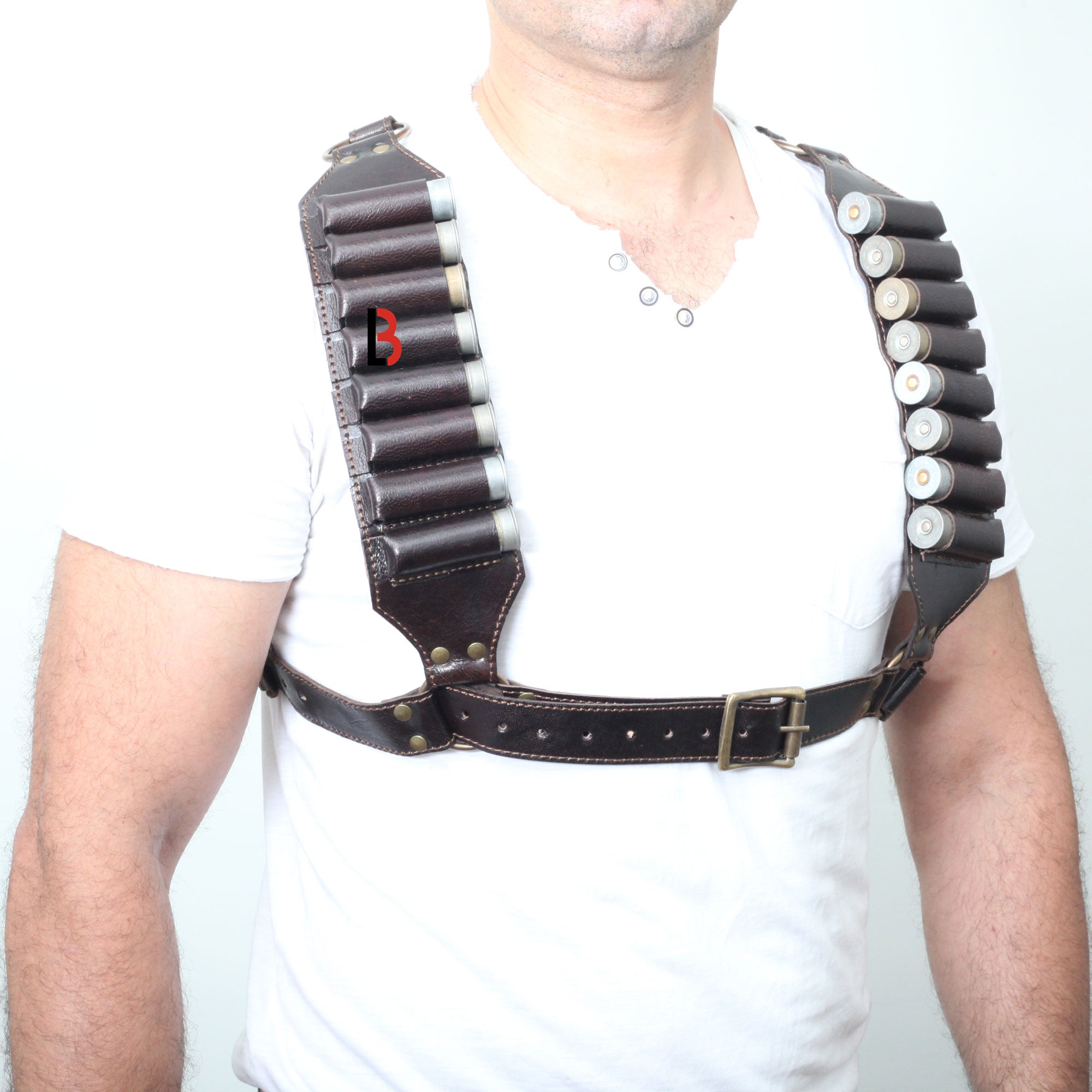 Cowhide Leather Shotshell Bandolier Belt & Shoulder Harness Hunting Ammo Pouch
