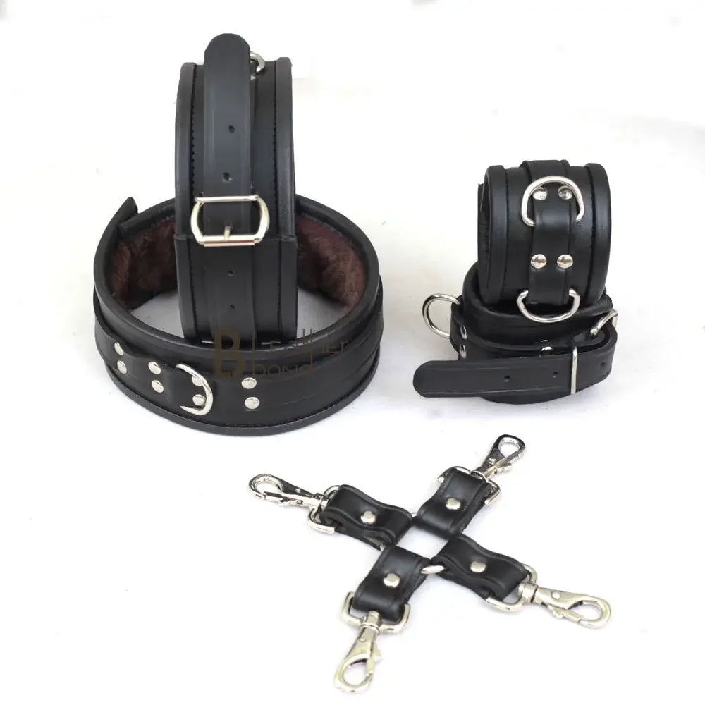 Real Leather 5-Piece Fur-Lined Wrist & Thigh Cuffs Restraint Bondage Set with Hogtie | Black