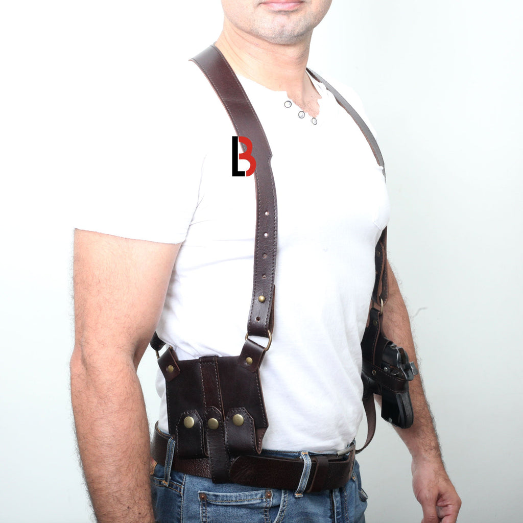 Handmade Universal Leather Shoulder Concealed Holster Horizontal Carry & Double Mag Pouch