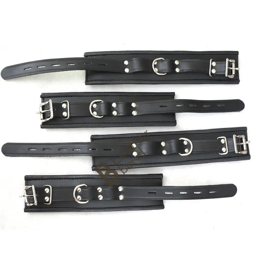 Real Leather 4-Piece Padded Wrist & Ankle Cuffs Lockable Restraint Bondage Set | Full Black