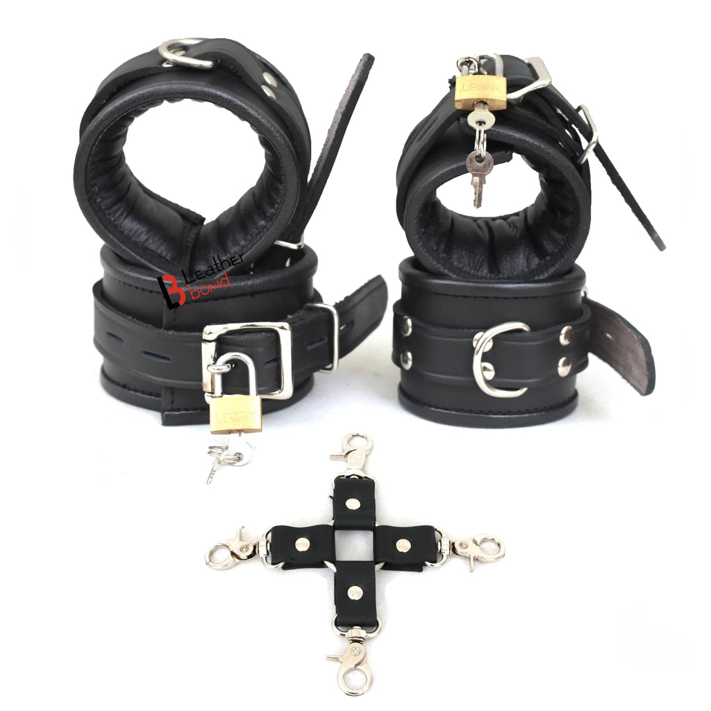 Real Leather 4-Piece Padded Wrist & Ankle Cuffs Lockable Restraint Bondage Set | Full Black