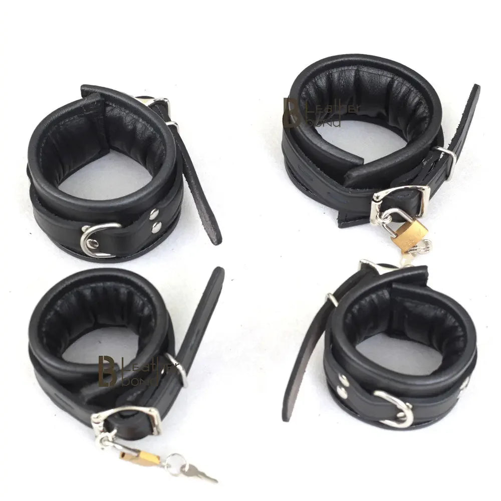 Real Leather 4-Piece Padded Wrist & Ankle Cuffs Lockable Restraint Bondage Set | Full Black