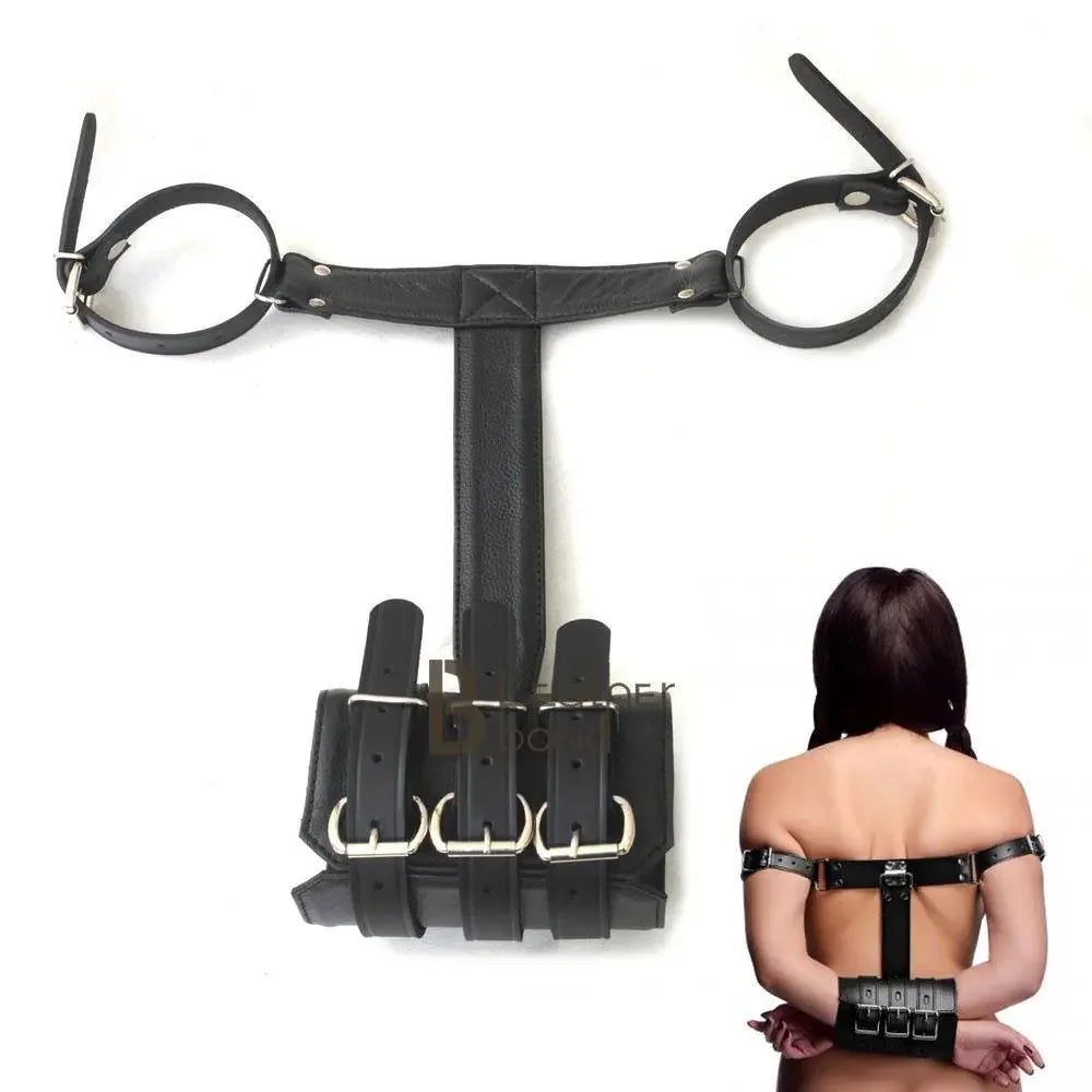 100% Genuine Leather Back, Wrist & Bicep Cuffs Restraint Set Bondage BDSM Slave Cuffs