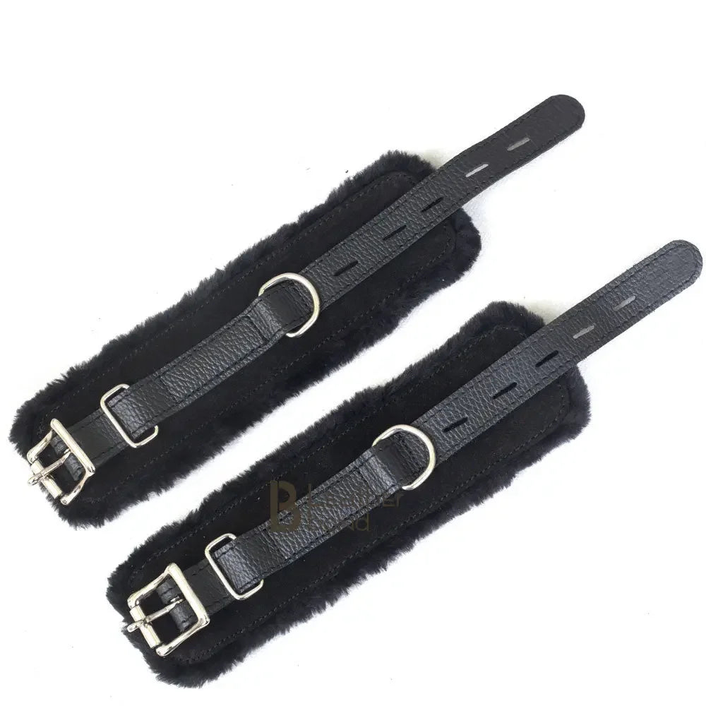Real Cowhide Suede Leather 5-Piece Ankle Cuffs & Wrist Cuffs Fluffy Fur-Lined Restraint Bondage Set | Black
