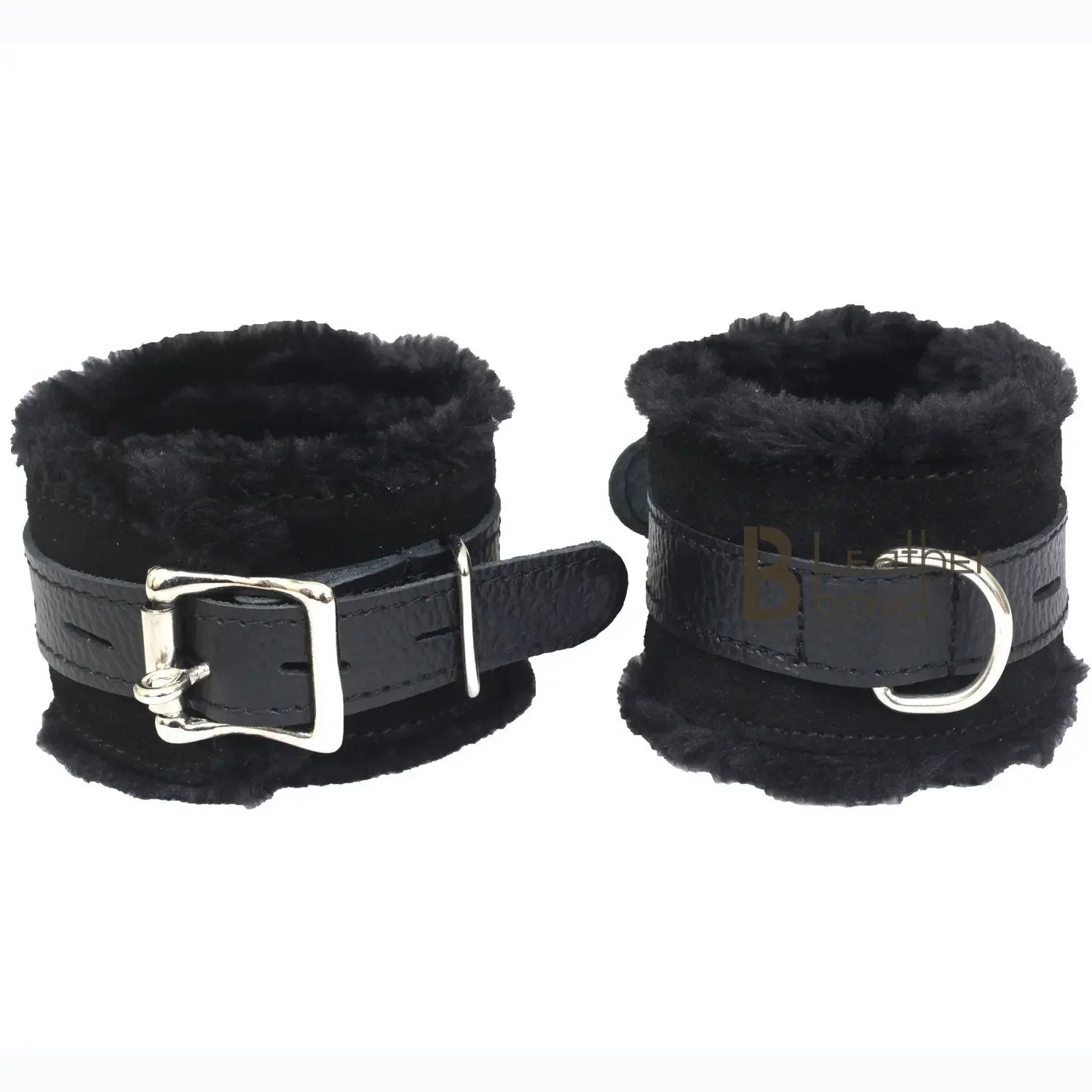 Real Cowhide Suede Leather 5-Piece Ankle Cuffs & Wrist Cuffs Fluffy Fur-Lined Restraint Bondage Set | Black