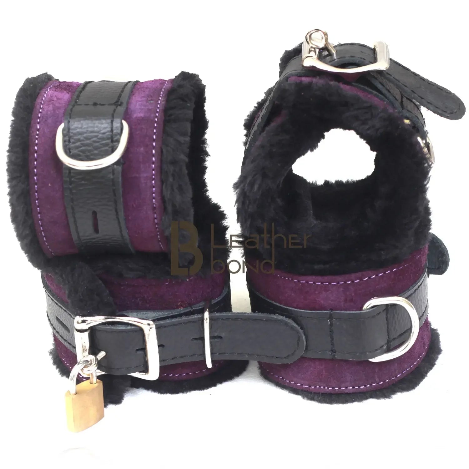 Real Cowhide Suede Leather 5-Piece Ankle Cuffs & Wrist Cuffs Fluffy Fur-Lined Restraint Bondage Set | Purple & Black