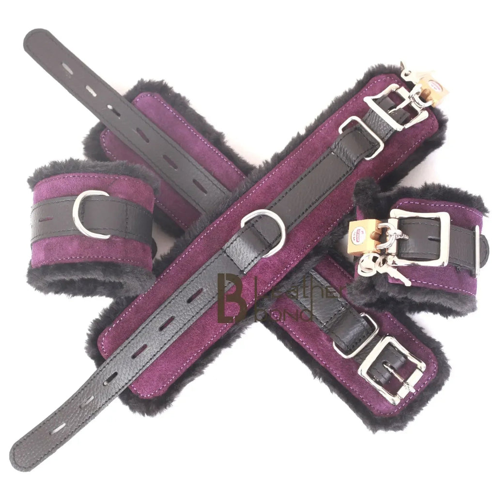 Real Cowhide Suede Leather 5-Piece Ankle Cuffs & Wrist Cuffs Fluffy Fur-Lined Restraint Bondage Set | Purple & Black