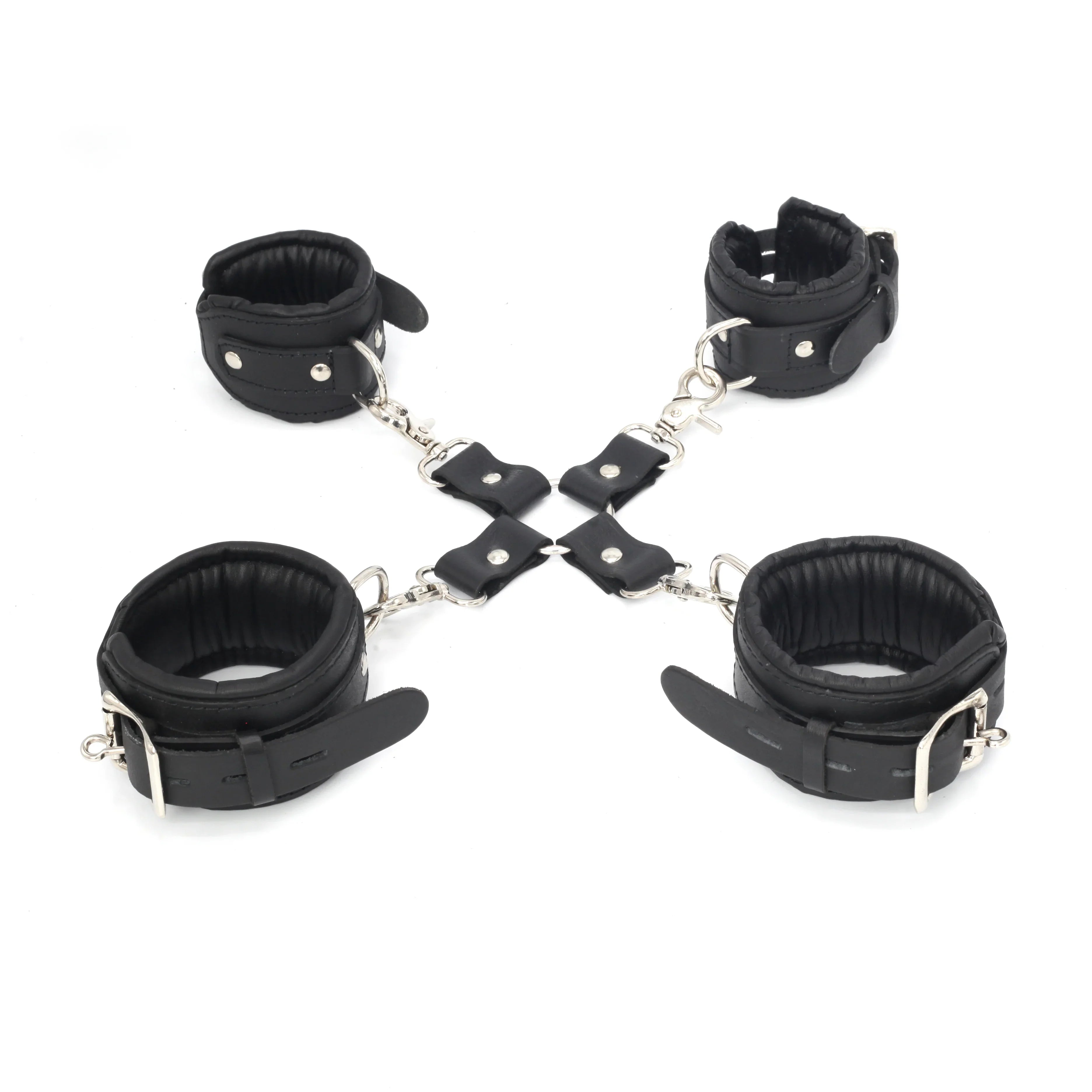 Real Leather 4-Piece Padded Wrist & Ankle Cuffs Lockable Restraint Bondage Set | Full Black