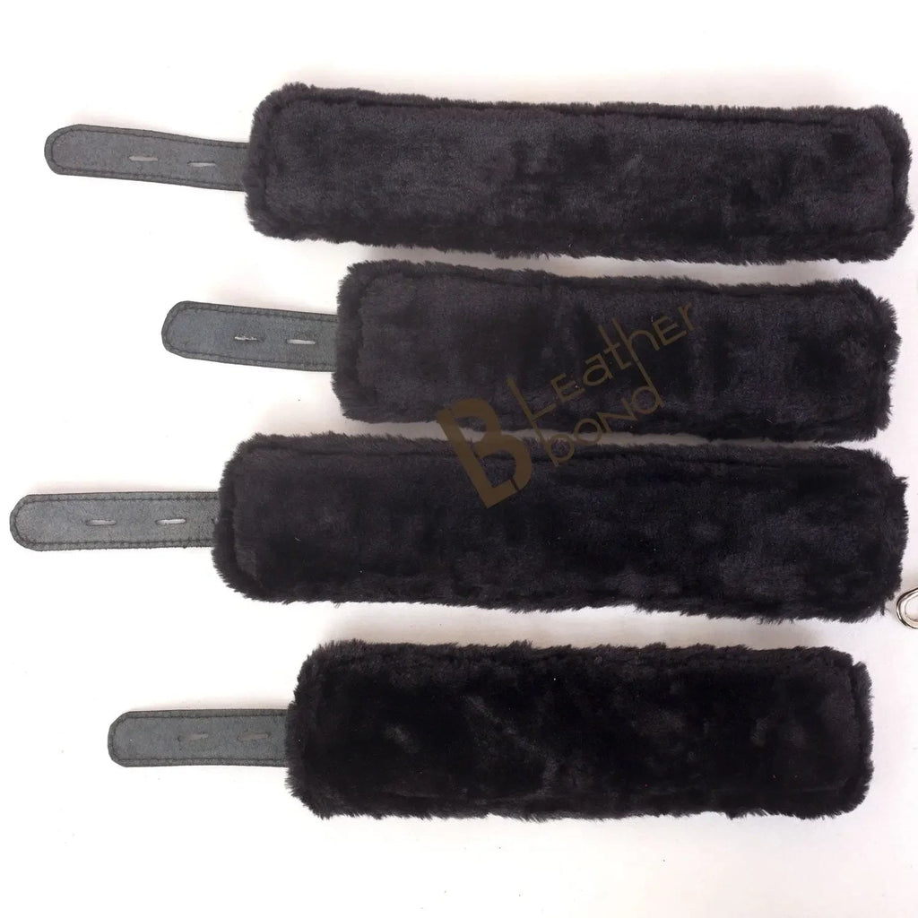 Real Cowhide Suede Leather 5-Piece Ankle Cuffs & Wrist Cuffs Fluffy Fur-Lined Restraint Bondage Set | Red & Black