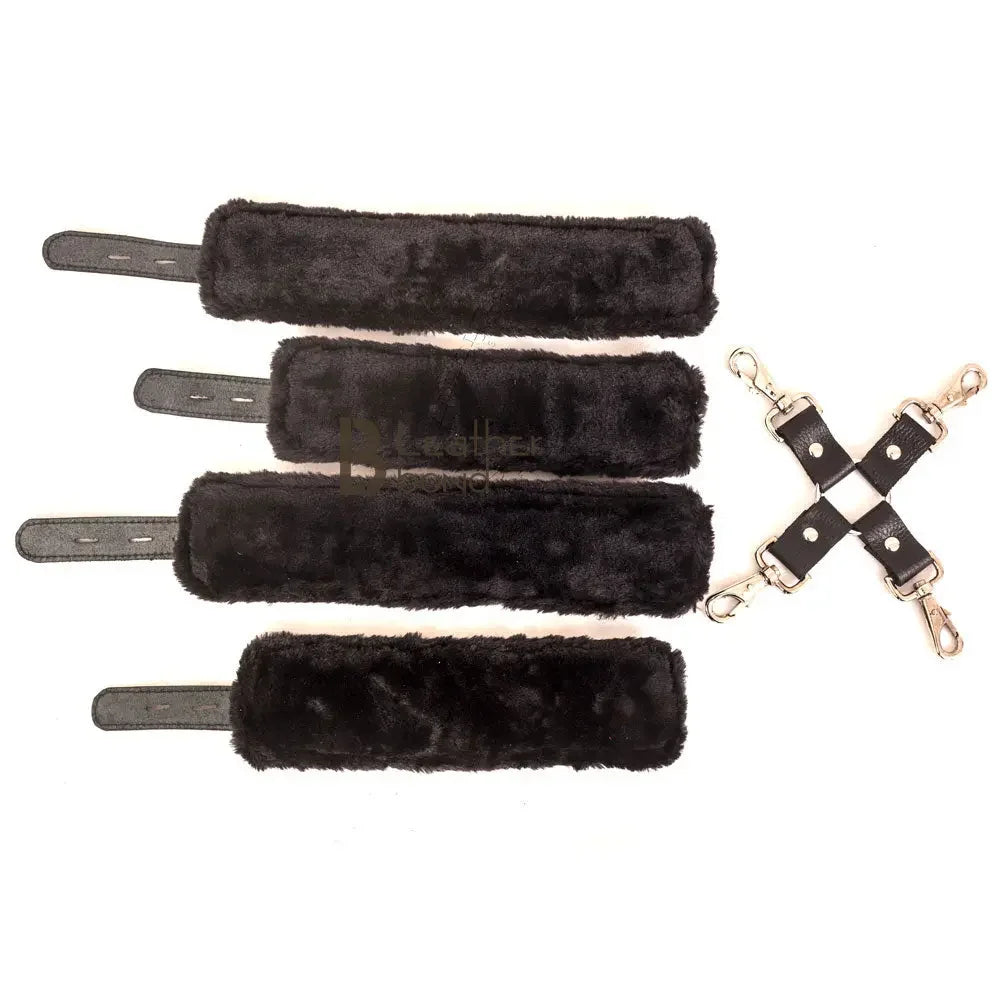 Real Cowhide Suede Leather Wrist and Ankle Cuffs Restraint Bondage Set Brown & Black 5 Piece Padded Fluffy Fur Lining