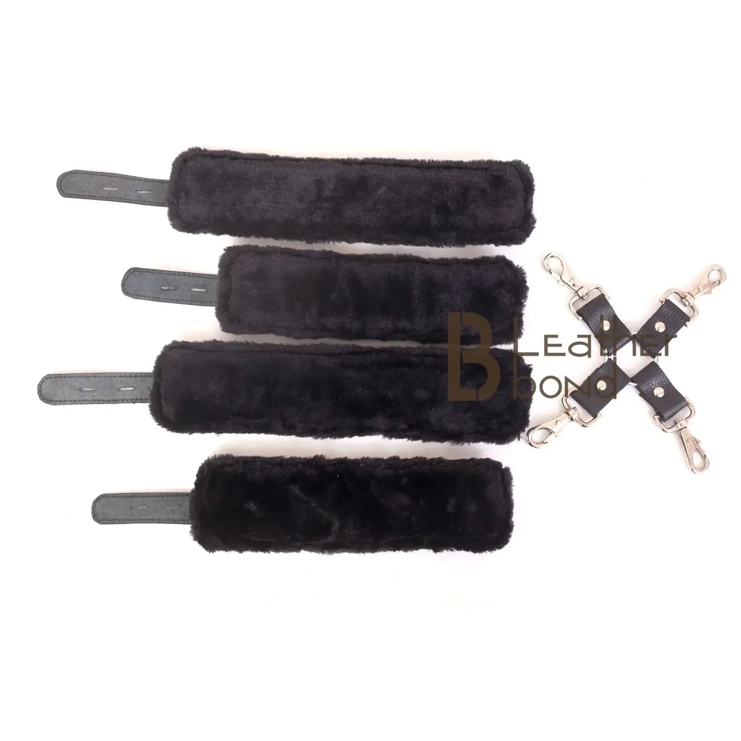 Real Cowhide Suede Leather 5-Piece Ankle Cuffs & Wrist Cuffs Fluffy Fur-Lined Restraint Bondage Set | Purple & Black