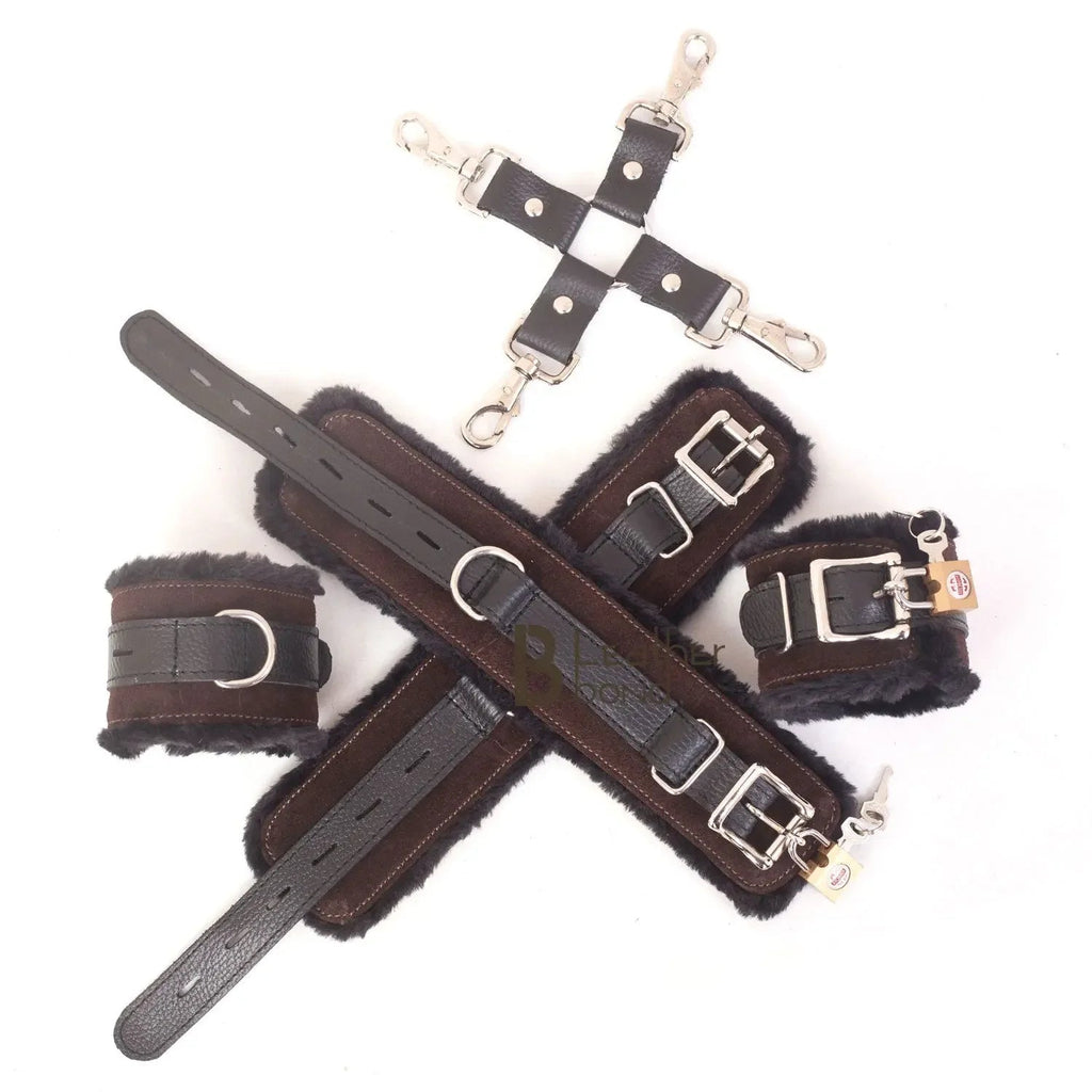 Real Cowhide Suede Leather Wrist and Ankle Cuffs Restraint Bondage Set Brown & Black 5 Piece Padded Fluffy Fur Lining