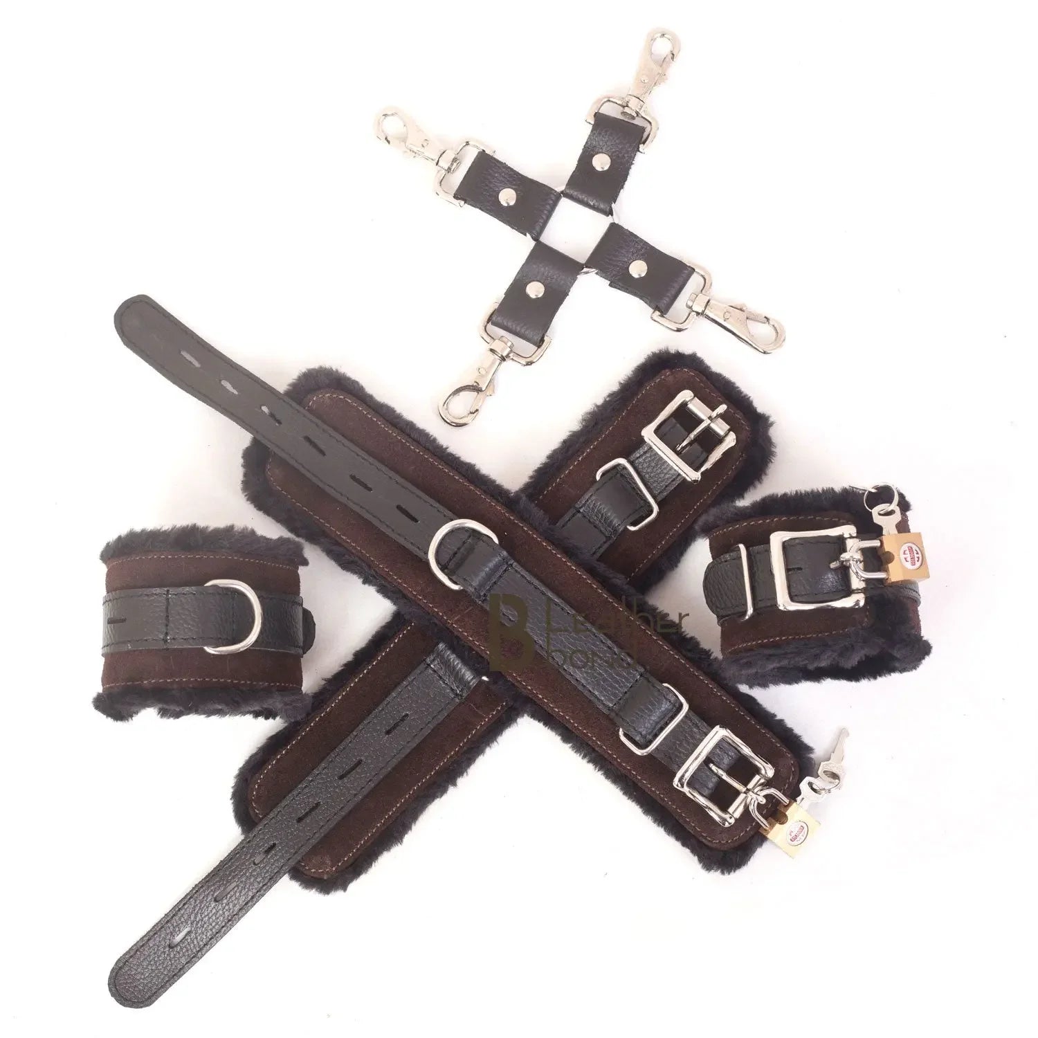 Real Cowhide Suede Leather Wrist and Ankle Cuffs Restraint Bondage Set Brown & Black 5 Piece Padded Fluffy Fur Lining