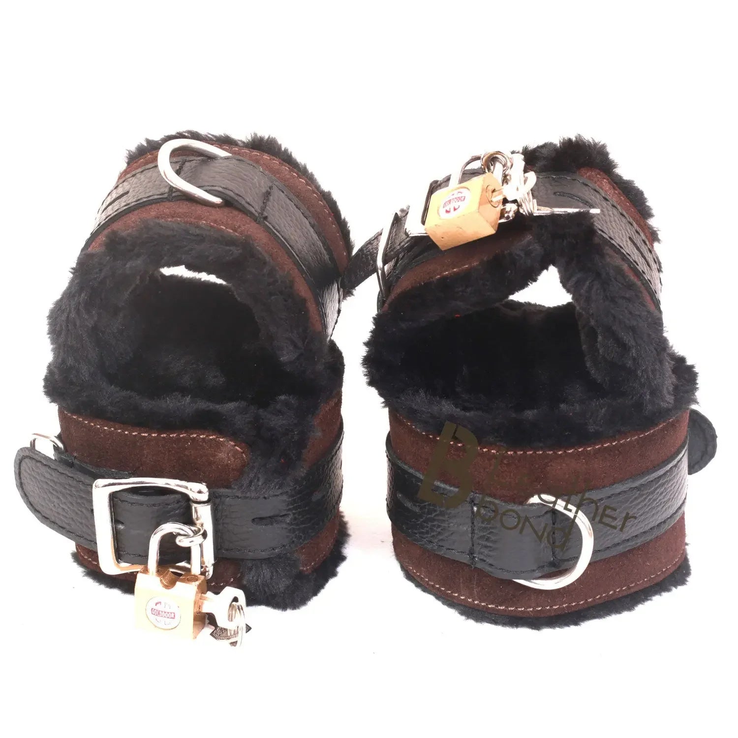 Real Cowhide Suede Leather Wrist and Ankle Cuffs Restraint Bondage Set Brown & Black 5 Piece Padded Fluffy Fur Lining