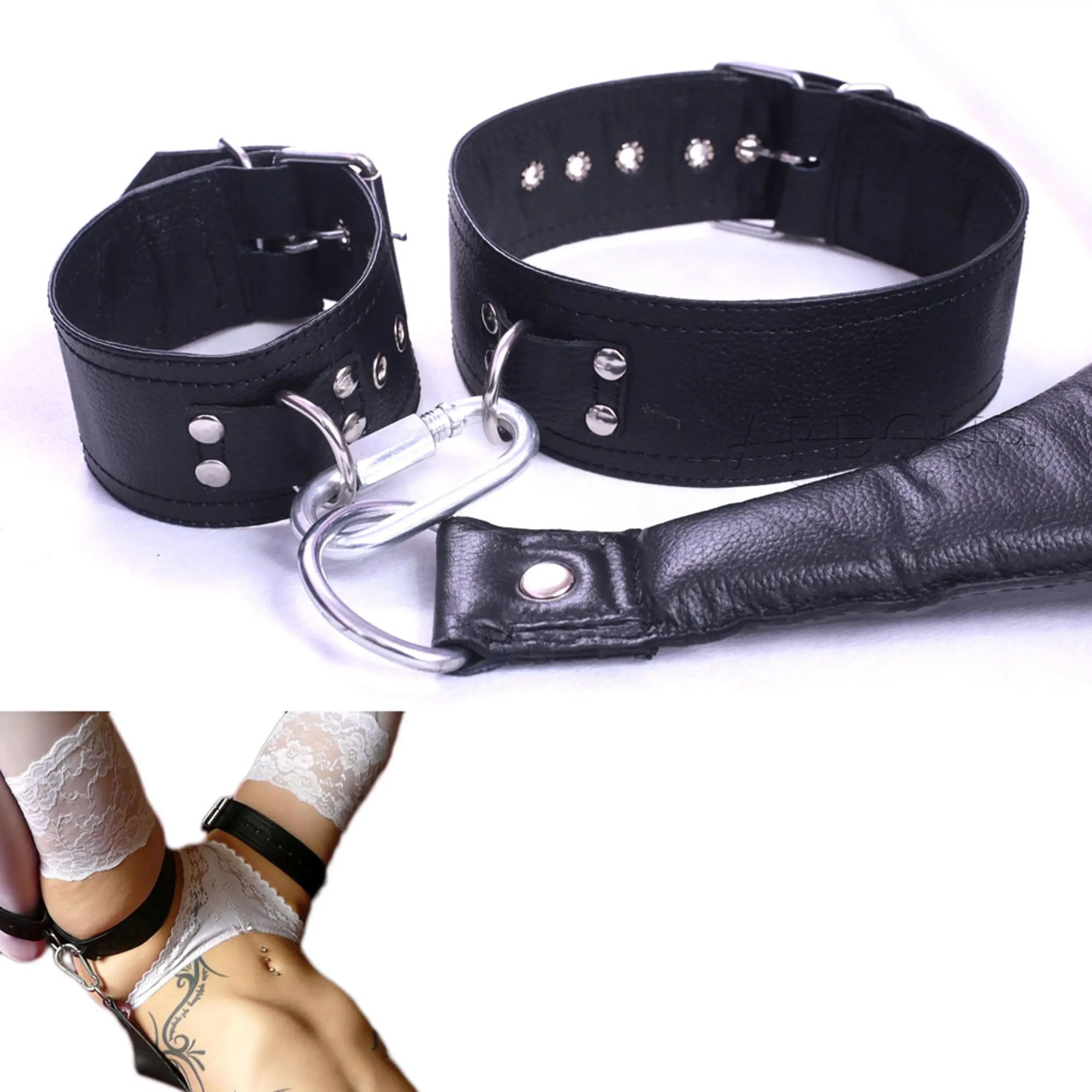 Cowhide Leather Sex Posture Sling Wrist, Ankle & Thigh Cuffs with Connectors | Bondage Restraints Set