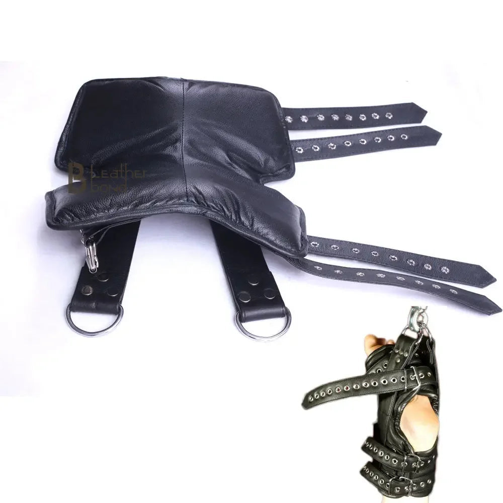 Real Strong Leather Ankle Boot Cuffs Belts 2-Piece Suspension Restraint Bondage Set | Black