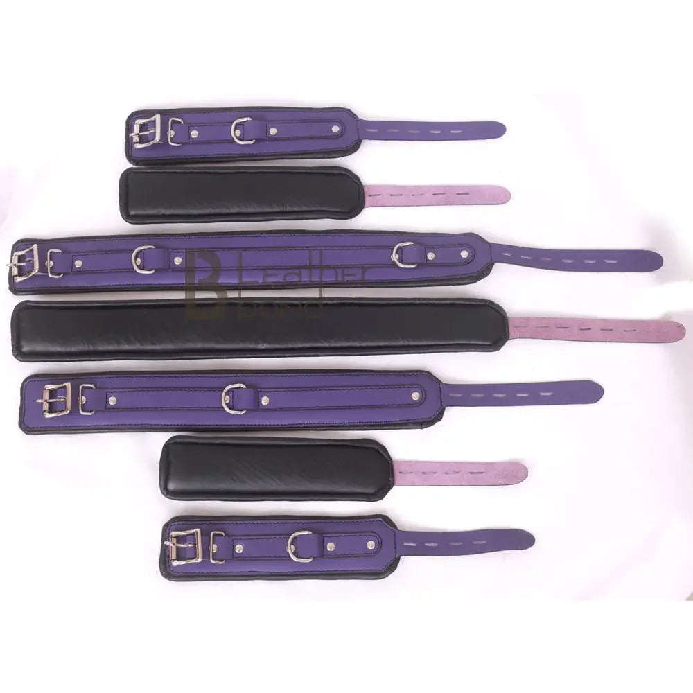 Real Leather 7-Piece Wrist, Ankle & Thigh Cuffs with Collar Complete Restraint Bondage Set | Purple & Black