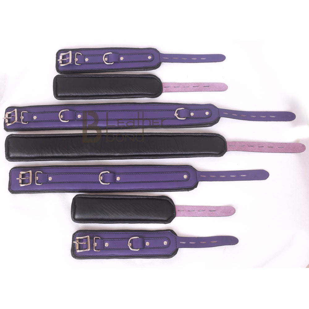 Purple Bondage Set Cowhide Leather Restraint BDSM Set Wrist Ankle thigh Cuffs Collar Set, Paddle, Flogger, Blind Fold & Crop Role Play Set