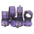Real Leather 7-Piece Wrist, Ankle & Thigh Cuffs with Collar Complete Restraint Bondage Set | Purple & Black