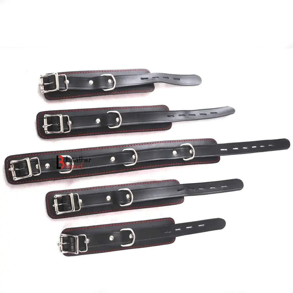 7-Piece Luxury Bondage Kit Soft Padded Genuine Leather Collar, Wrist & Ankle Cuffs Set | Red & Black