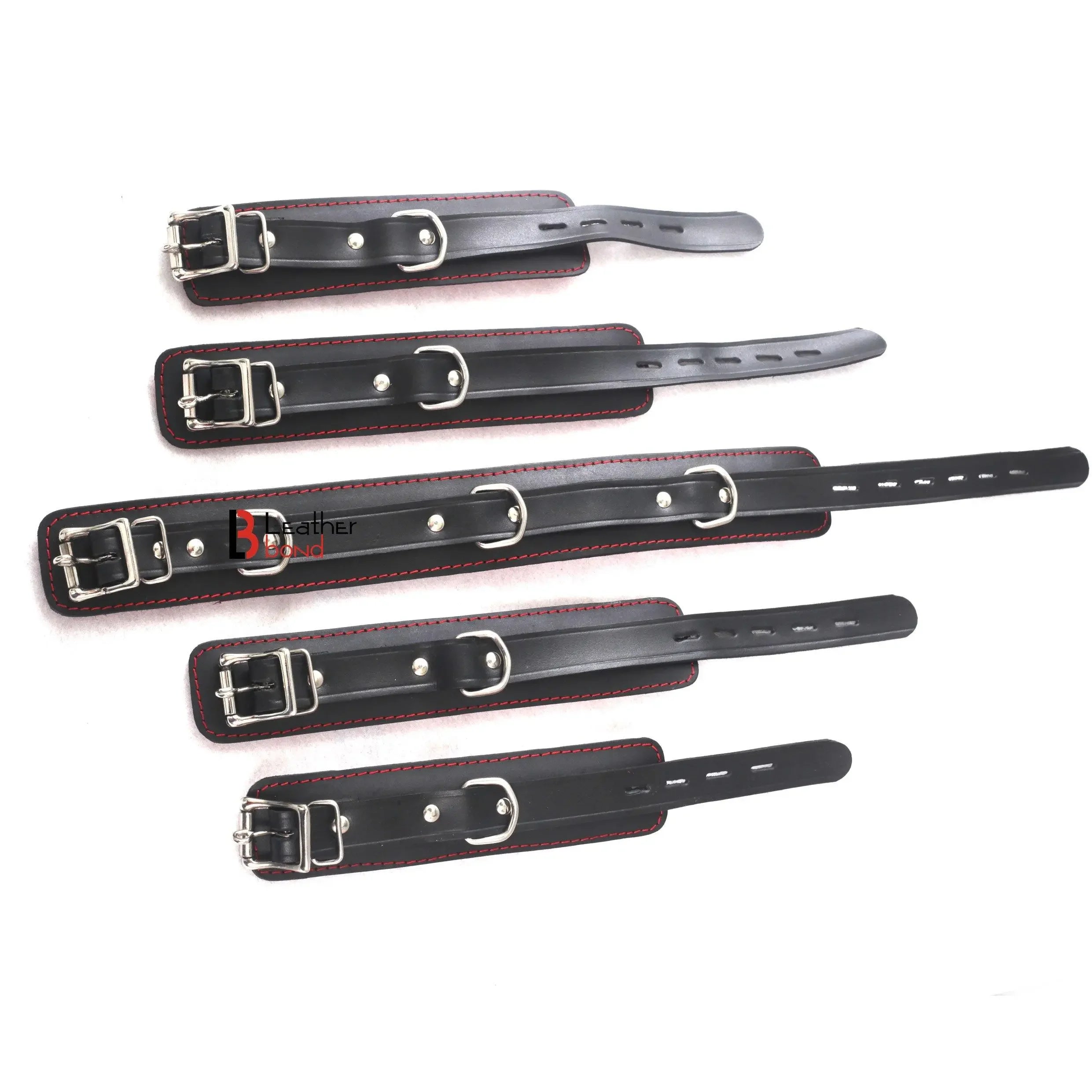 9-Piece Budget Bondage Kit Soft Padded Genuine Leather Collar, Thigh, Wrist & Ankle Cuffs | Black & Red