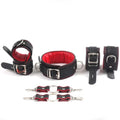7-Piece Luxury Bondage Kit Soft Padded Genuine Leather Collar, Wrist & Ankle Cuffs Set | Red & Black