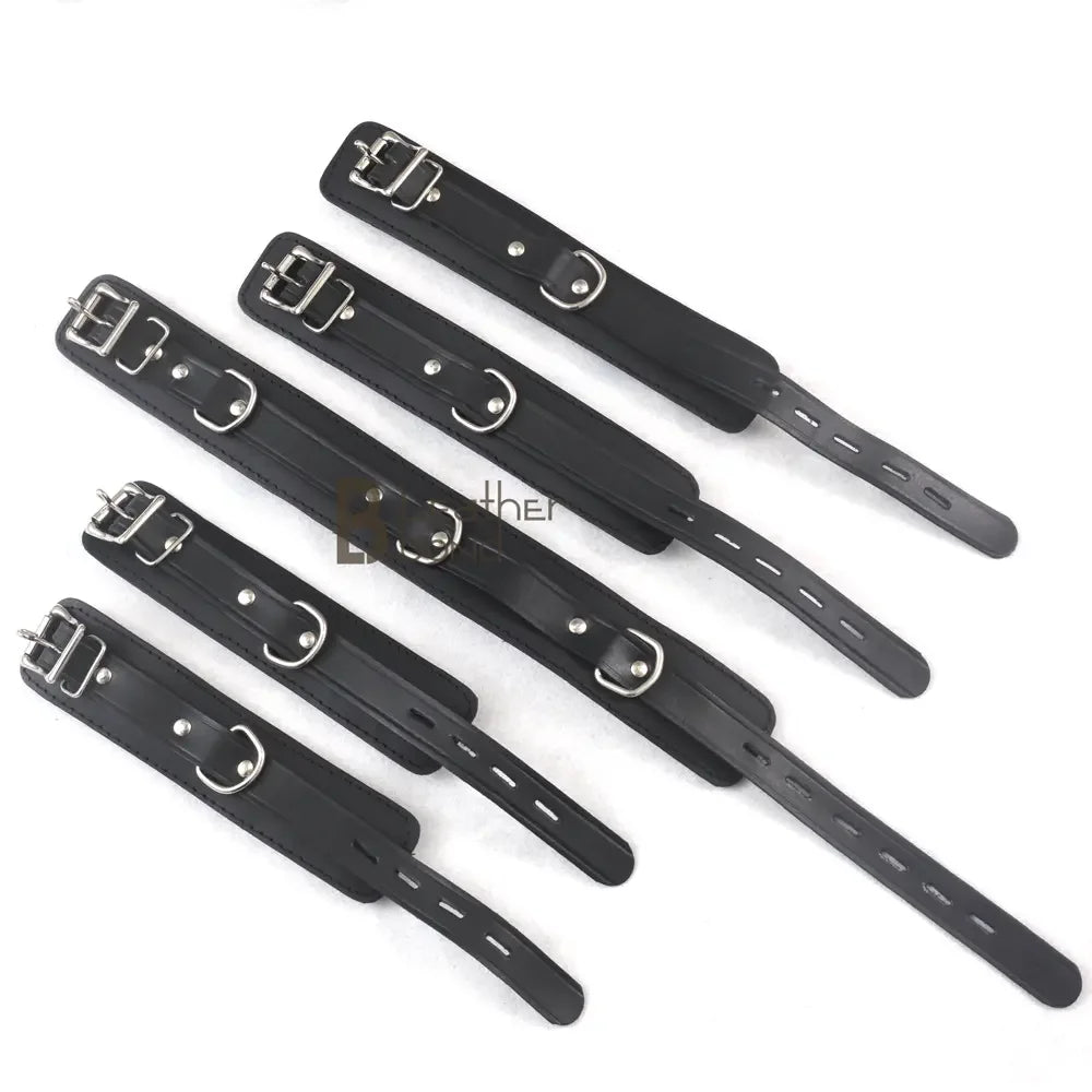 Real Leather 7-Piece Padded Wrist Cuffs, Ankle Cuffs & Neck Collar Heavy Duty Restraint Bondage Set | Black
