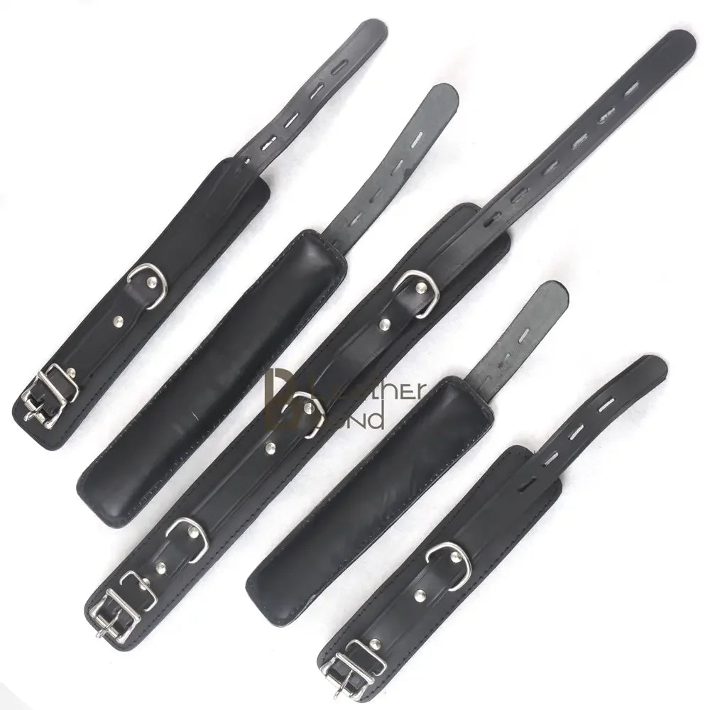 Real Leather 7-Piece Padded Wrist Cuffs, Ankle Cuffs & Neck Collar Heavy Duty Restraint Bondage Set | Black