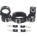 Real Leather 7-Piece Padded Wrist Cuffs, Ankle Cuffs & Neck Collar Heavy Duty Restraint Bondage Set | Black