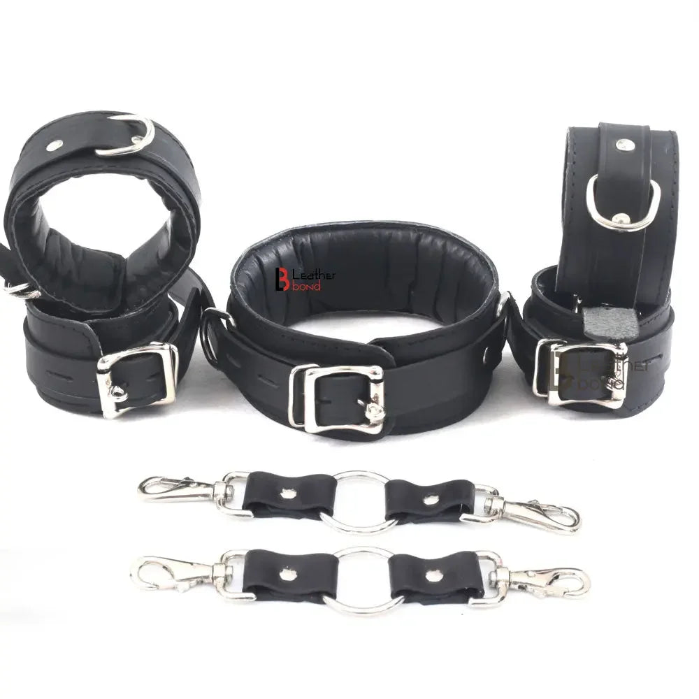 Real Leather 7-Piece Padded Wrist Cuffs, Ankle Cuffs & Neck Collar Heavy Duty Restraint Bondage Set | Black