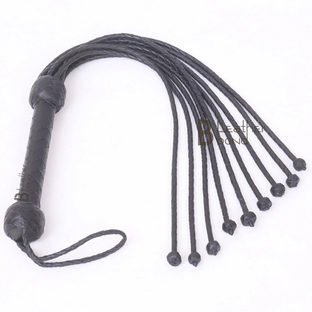 Real Genuine Cow Hide Leather Flogger Cat O Nine Braided Falls Sturdy Naughts 09 Falls Flogger Black