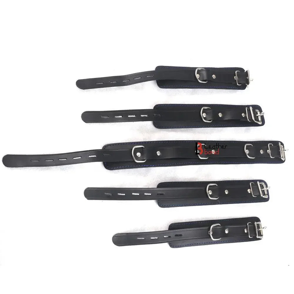 7-Piece Luxury Bondage Kit Soft Padded Genuine Leather Collar, Wrist & Ankle Cuffs Set | Blue & Black