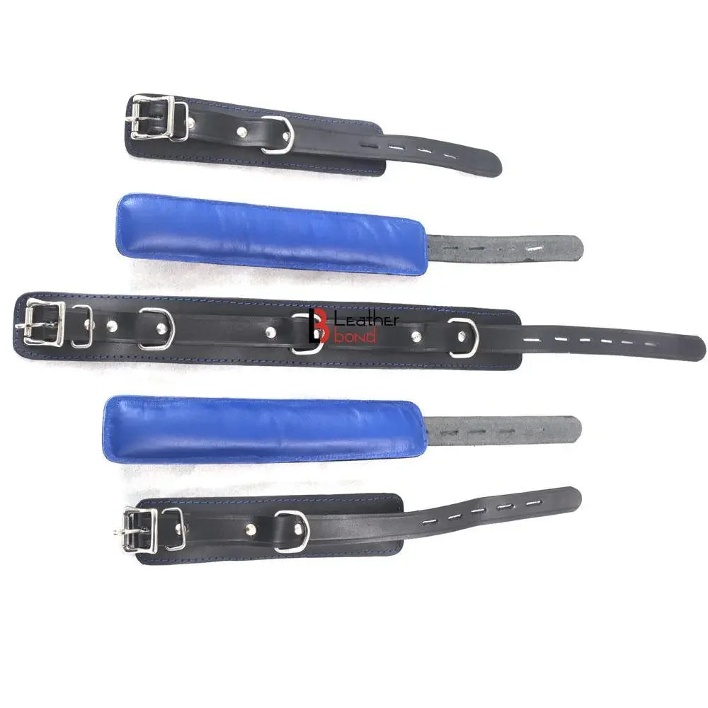 7-Piece Luxury Bondage Kit Soft Padded Genuine Leather Collar, Wrist & Ankle Cuffs Set | Blue & Black