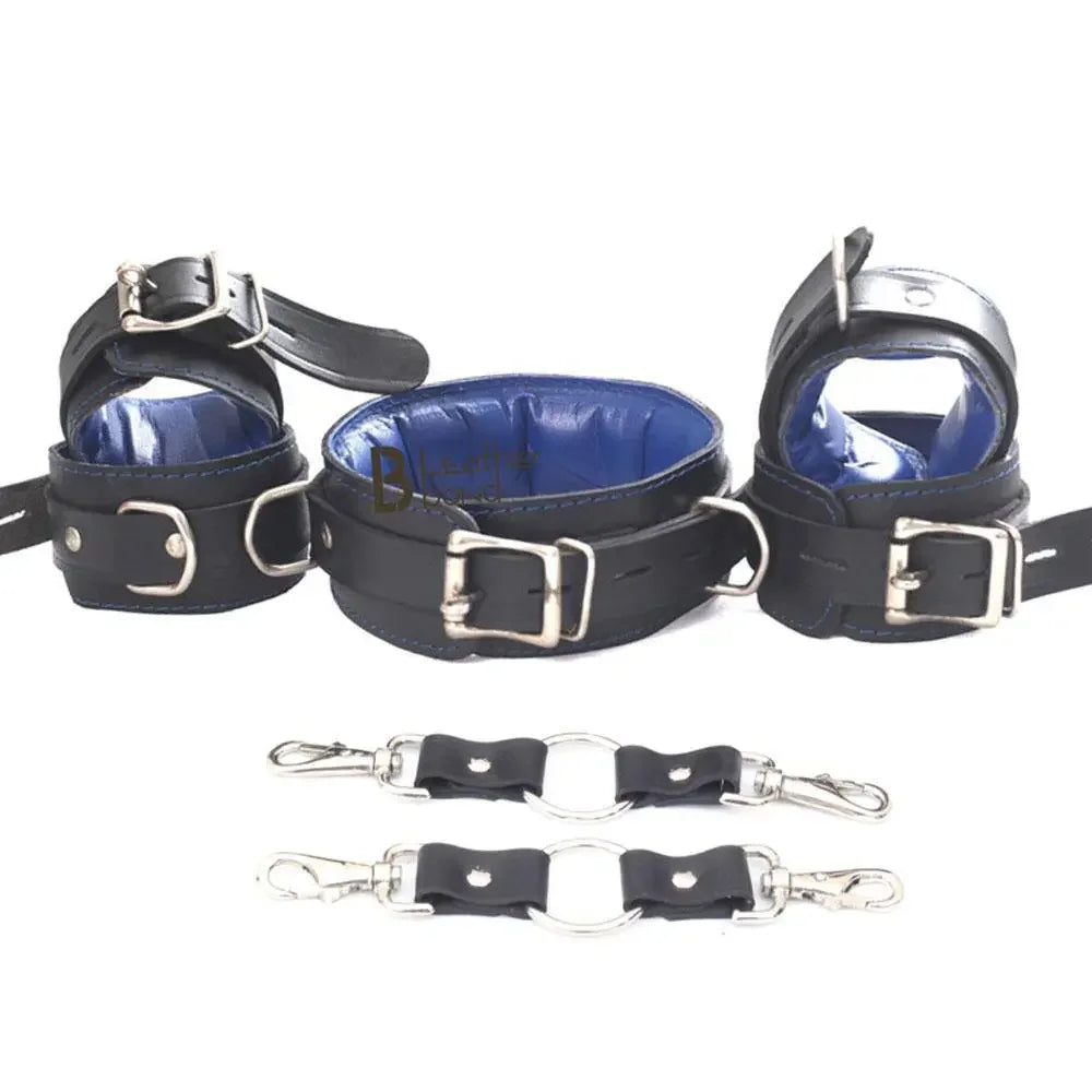 7-Piece Luxury Bondage Kit Soft Padded Genuine Leather Collar, Wrist & Ankle Cuffs Set | Blue & Black