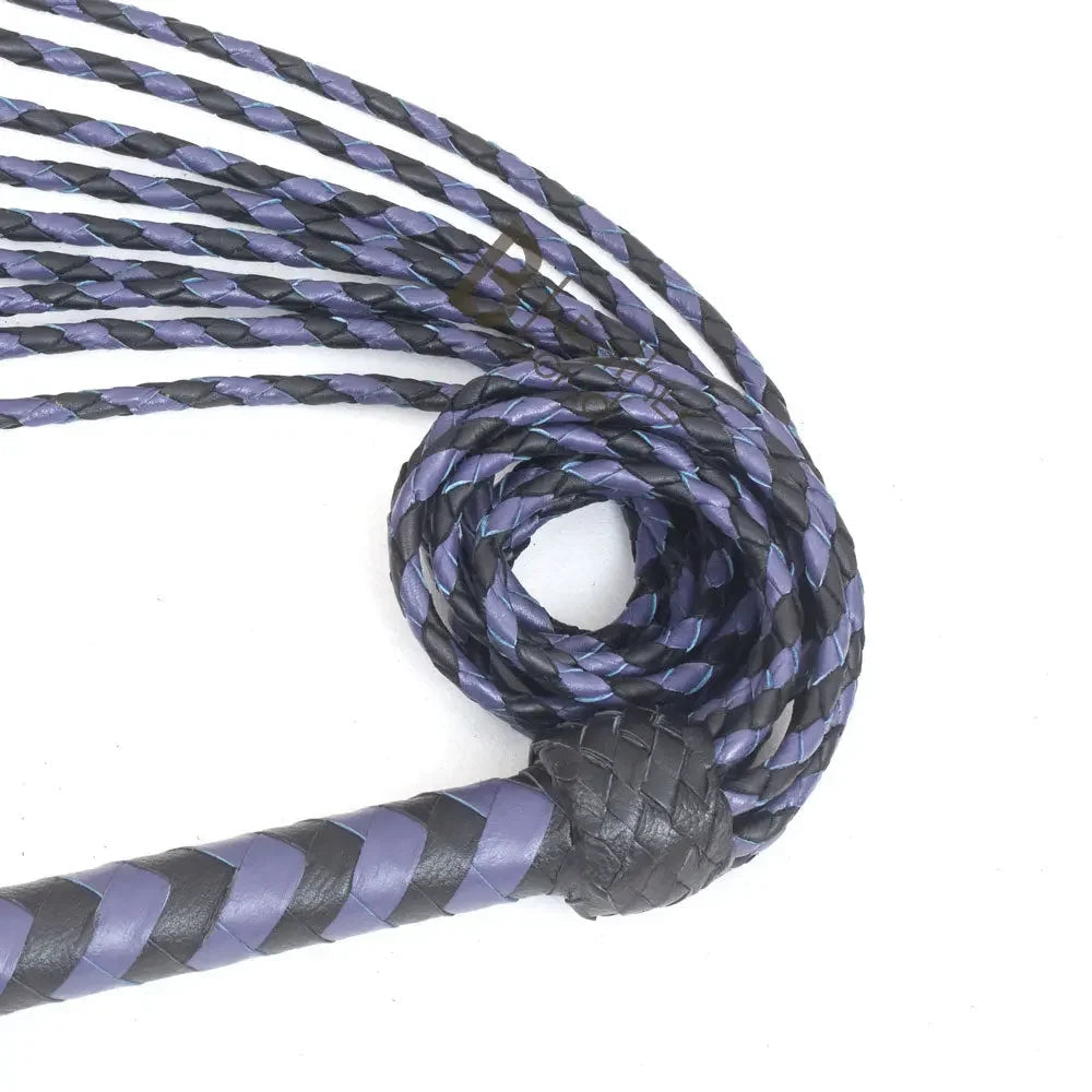 Real Genuine Cow Hide Leather Flogger Cat O Nine Braided Falls Purple & Black