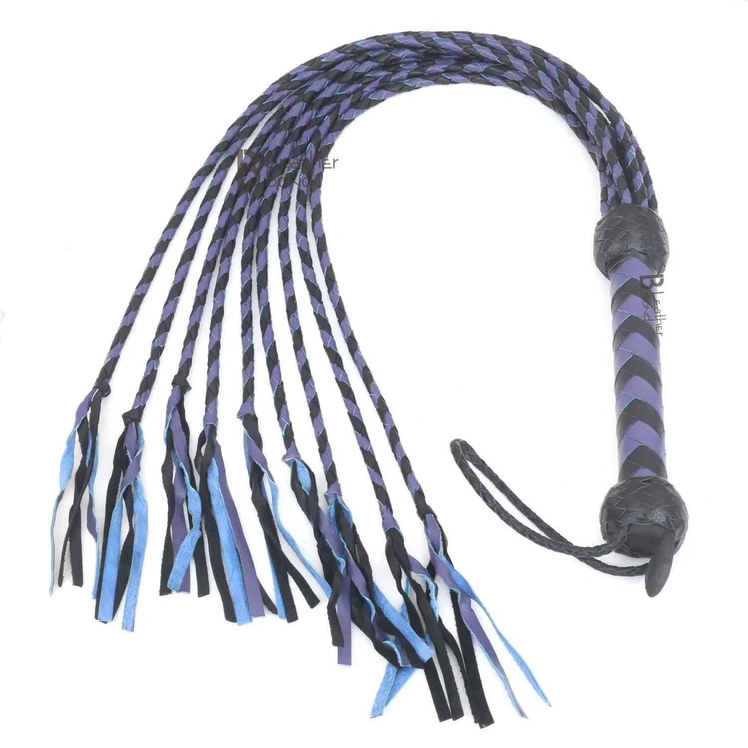 Real Genuine Cow Hide Leather Flogger Cat O Nine Braided Falls Purple & Black