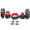 9-Piece Budget Bondage Kit Soft Padded Genuine Leather Collar, Thigh, Wrist & Ankle Cuffs | Black & Red
